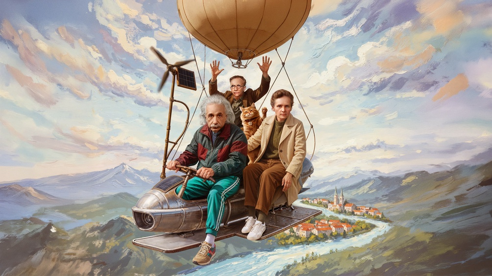 Grafik: Einstein, Schrödinger und Meitner in einem Heißluftballon