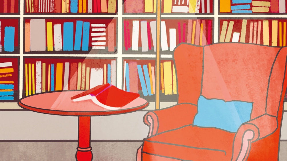 Eine Illustration Bücher und eines Stuhls.