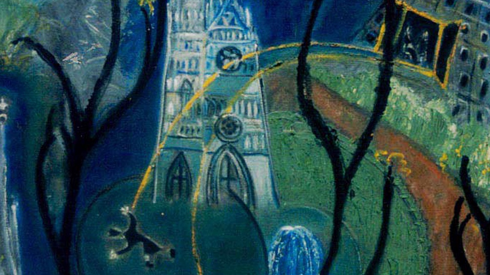Ausschnitt aus einem Gemälde von Lola Carr: Es zeigt die Votivkirche, auf der eine Österreich-Fahne weht.
