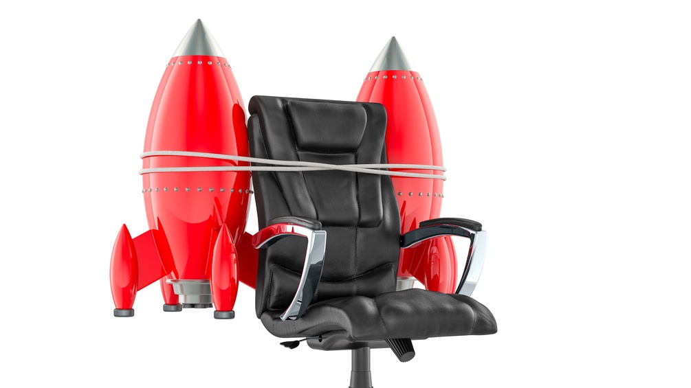 3D Rendering von Raketen an einem Officechair