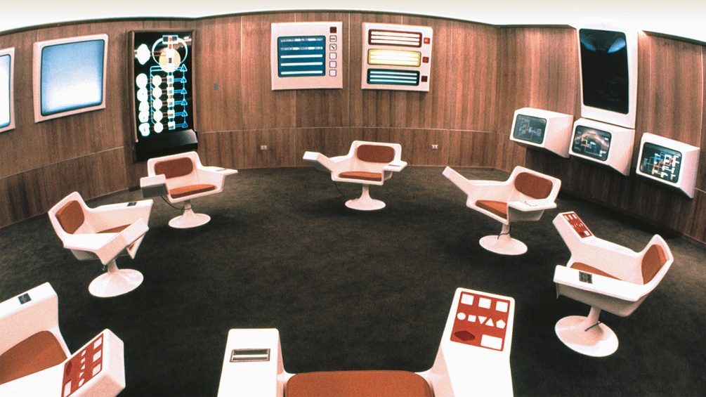 OpsRoom. Managementzentrum Gesamtansicht Design: Gruppe für Produktentwicklung, INTEC, Santiago de Chile. 1972/73.