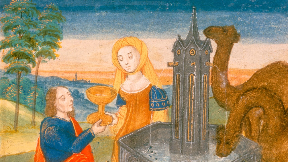 "Rebekka und Eliezer am Brunnen", Buchmalerei (Ausschnitt), Kelchquelle