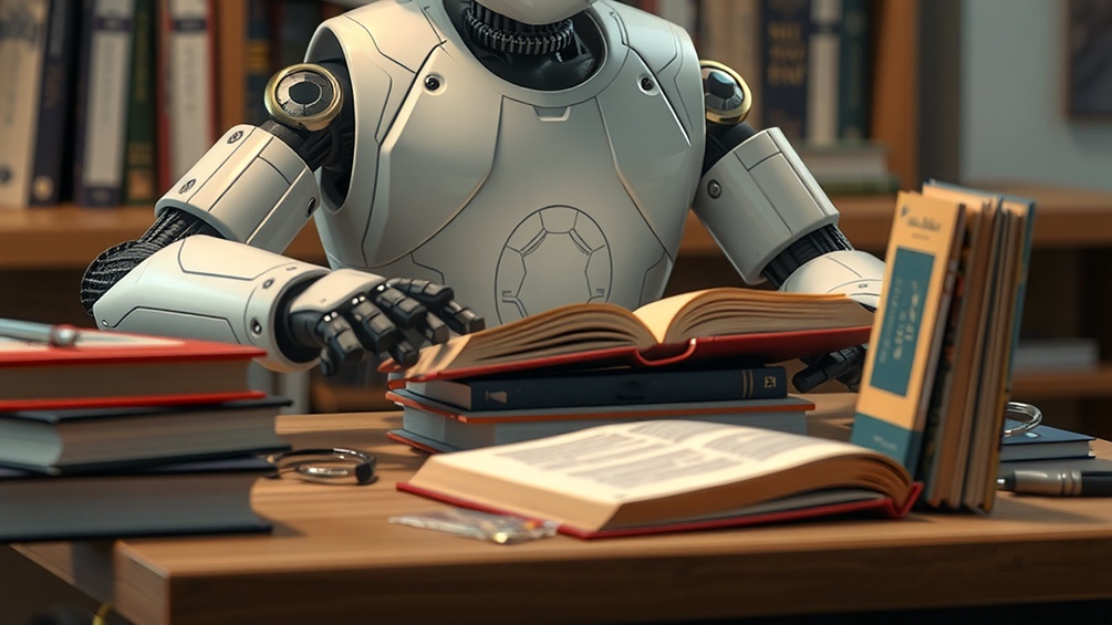 DALL-E KI-generiertes Bild: Ein Roboter sitzt am Tisch mit Büchern