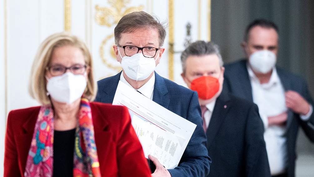 LH Johanna Mikl-Leitner (ÖVP), Gesundheitsminister Rudolf Anschober (Grüne), Bgm. Michael Ludwig (SPÖ) und LH Hans Peter Doskozil (SPÖ)