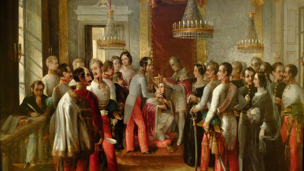 Die Krönung Franz Joseph I. auf einem Gemälde von Josef Klaus dargestellt