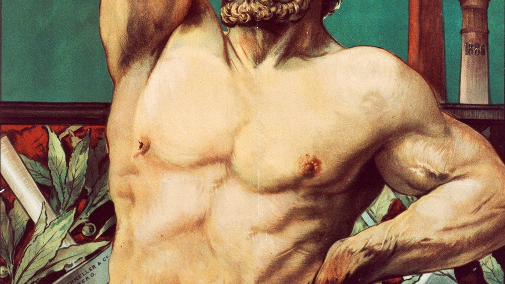 Ausschnitt eines Plakats aus dem Jahr 1895: männlicher Oberkörper, Herkules