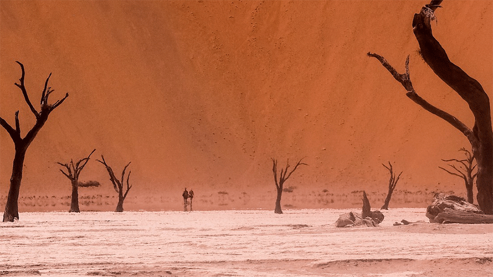 Die rot flimmernde Wüste Namibias. Zwei Schatten wandern durch die Landschaft.