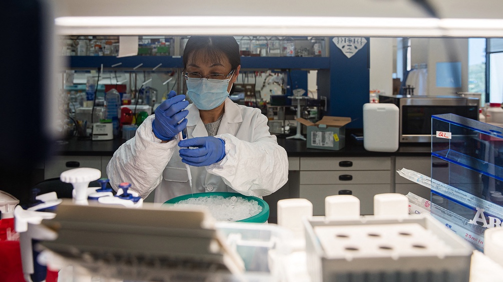 Eine Frau untersucht Viren und DNA Proben.