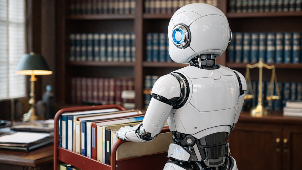 KI-generiertes Bild: Roboter schiebt einen Aktenwagen in einer Rechtsanwaltskanzlei