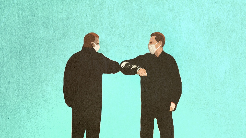 Zeichnung zweier Männer, die sich per Ellbogen begrüßen. Sie tragen einen Mundschutz.