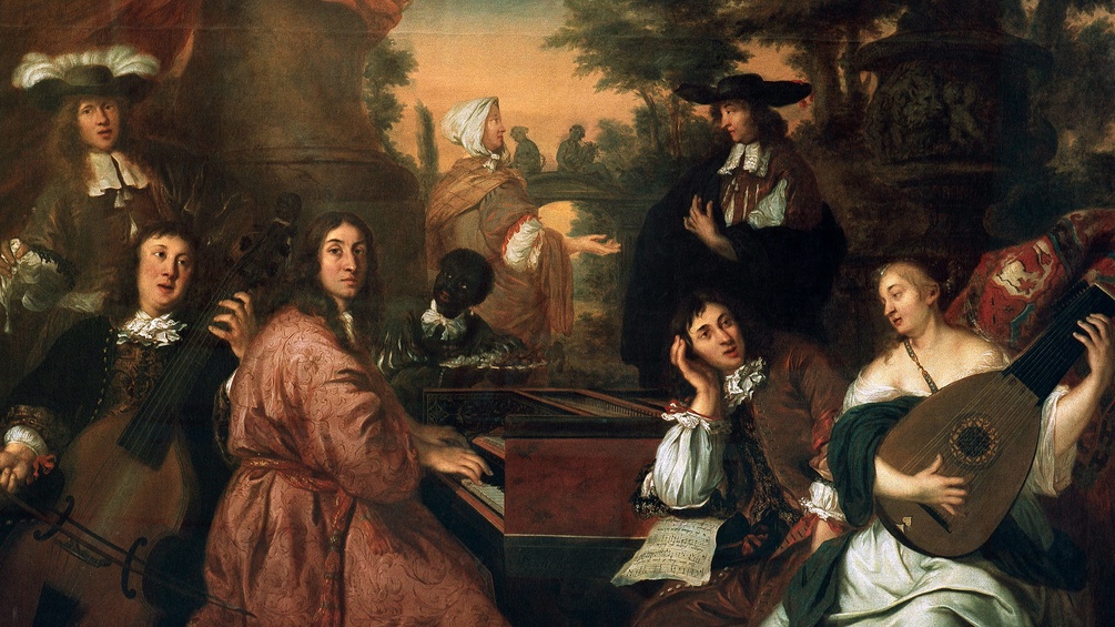 Gemälde von Johannes Voorhout, 1674 (Ausschnitt):  "Musizierende Gesellschaft" mit Johann Adam Reinken, Johann Theile, Johann Philipp Förtsch und Dieterich Buxtehude