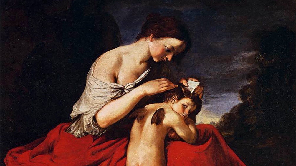 Gemälde von Giovanni Mannozzi, "Venus kämmt Amor"
