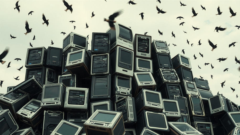 DALL-E KI-generiertes Bild: Ein Berg Computer, umschwärmt von Vögeln