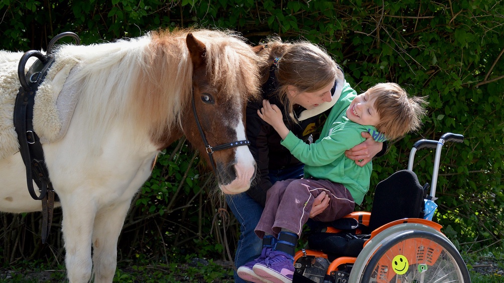 VEREIN E.MOTION Pony und Kind wird aus einem Rollstuhl gehoben