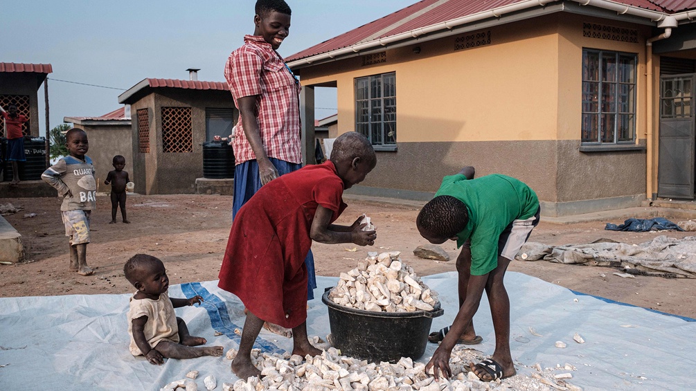 Kinder sammeln getrocknete Maniokwurzeln in Uganda