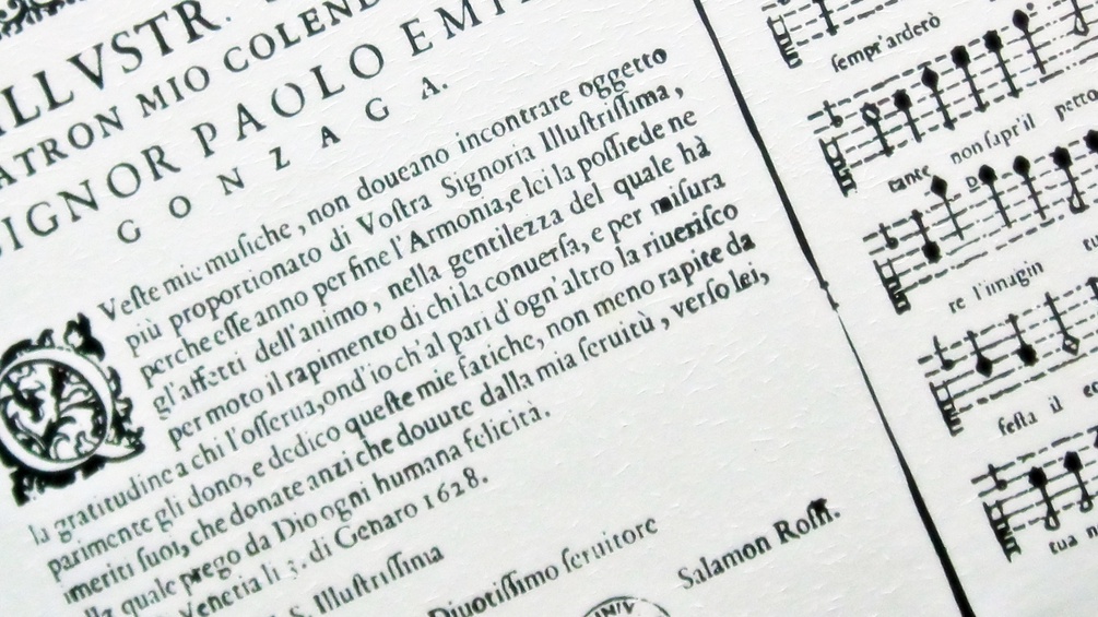 Alte Texte und Notenblätter von Komponist Salomone Rossi.