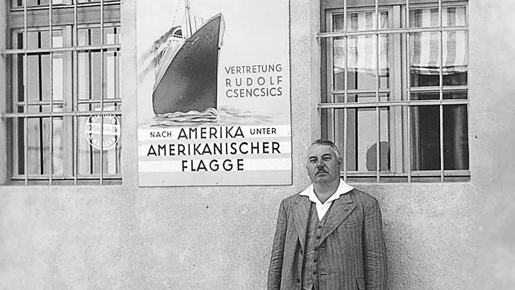 Werbekarte der United States Lines (Vertretung Rudolf Csencsics, Güssing) für die Auswanderung nach Amerika, um 1920