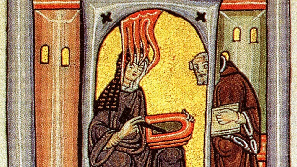  Hildegard von Bingen empfängt eine göttliche Inspiration und gibt sie an ihren Schreiber, den Mönch Vollmar, weiter, Frontispiz des Liber Scivias aus dem Rupertsberger Codex (um 1180), Tafel 1