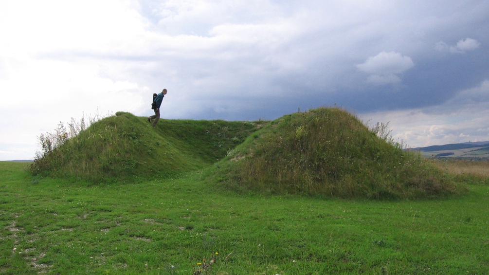 Ein Mensch steht auf einem Hügel im Gras.