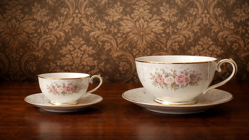 KI-Geniertes Bild: Zwei Teetassen vor Barocker Tapete