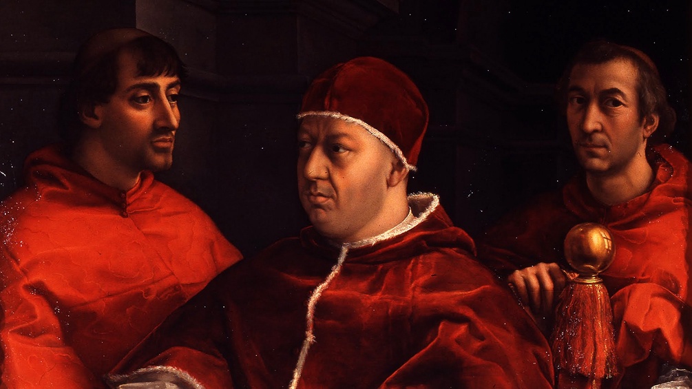Porträt des Papstes Leo X., alias Giovanni de’ Medici, mit den Kardinälen Giulio de’ Medici, dem späteren Clemens VII. und Luigi de’ Rossi, Gemälde von Raffael, um 1518–1519, Florenz