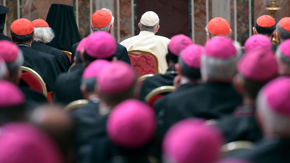 Papst Franziskus und Kardinäle in Rückenansicht