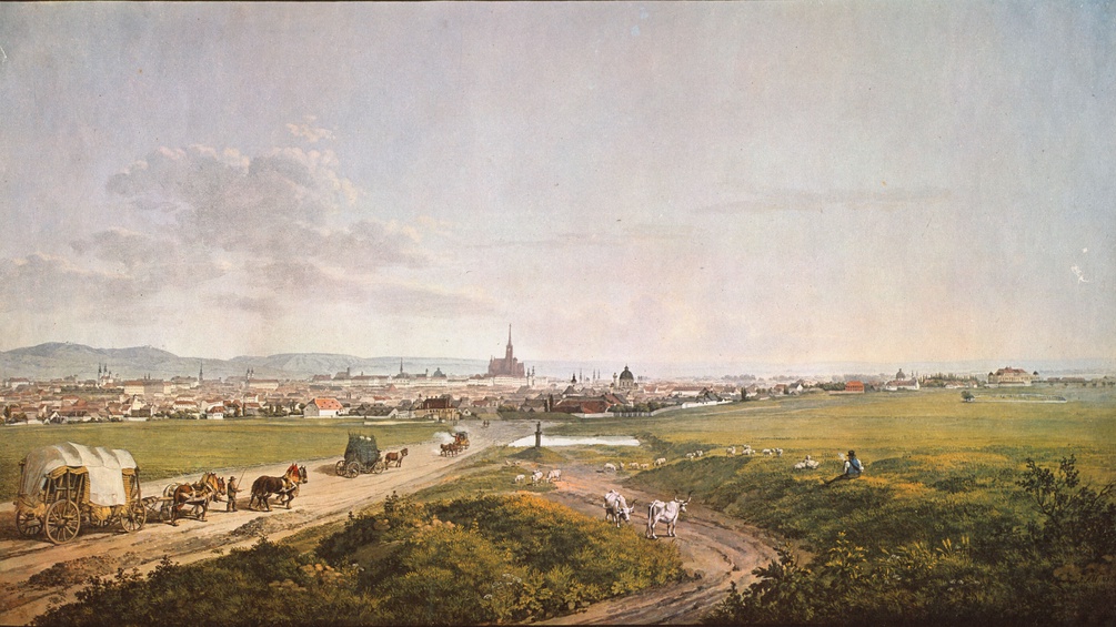 Historische Ansicht der Stadt Wien, im Vordergrund die Triester Straße