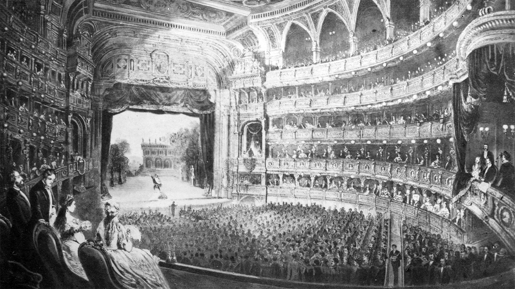 ÖNB Eröffnungsvorstellung im neuen Haus der Wiener Hofoper mit "Don Juan". Innenansicht mit Blick auf die Bühne. Zeitgenössisches Aquarell. Fotografische Reproduktion. (Ausschnitt)
