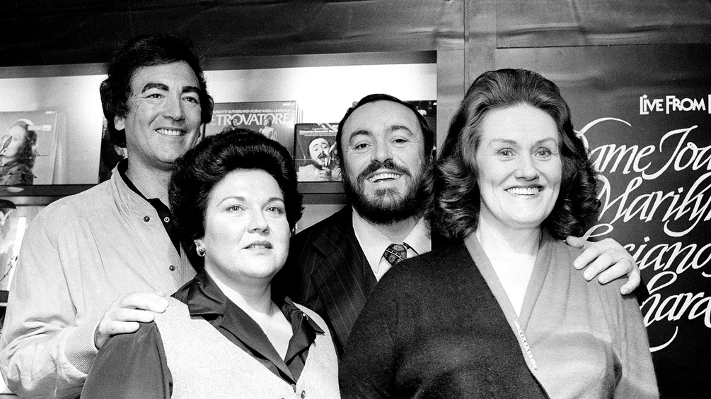 Dirigent Richard Bonynge, Marilyn Horne, Luciano Pavarotti und Joan Sutherland 1981
