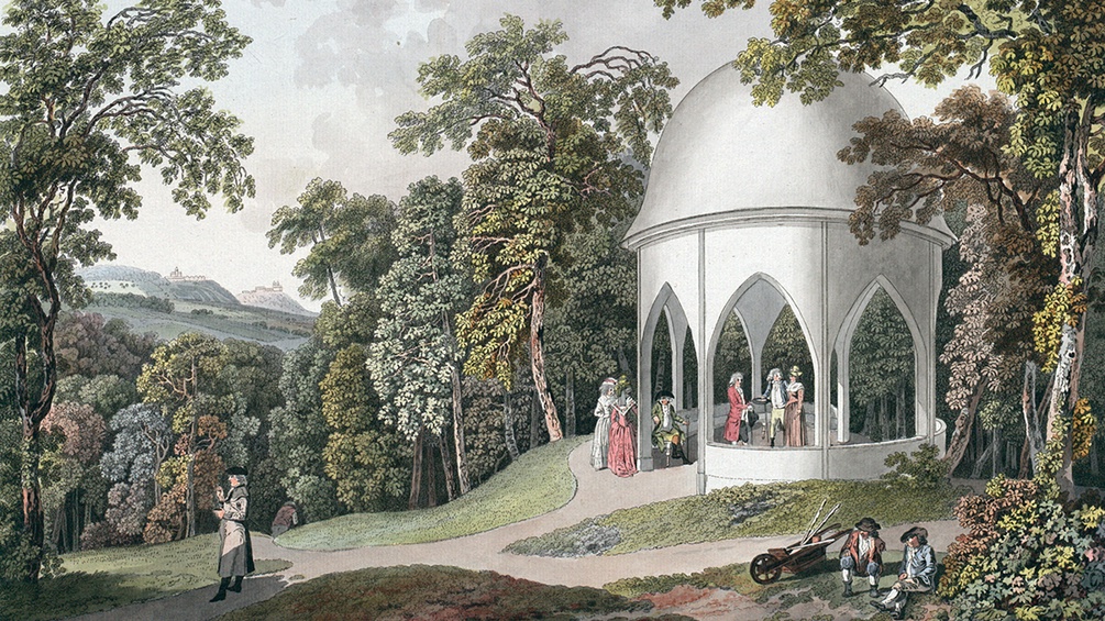 Der Gotische Tempel auf dem fürstlich Galitzin’schen Landgute, genannt Predigtstuhl, kolorierte Radierung von Johann Ziegler nach einer Zeichnung von Lorenz Janscha, um 1810