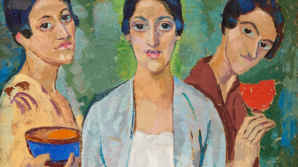Gemälde von drei Frauen, die jeweils etwas in der Hand halten, eine Blume, ein Glas und eine Schale.