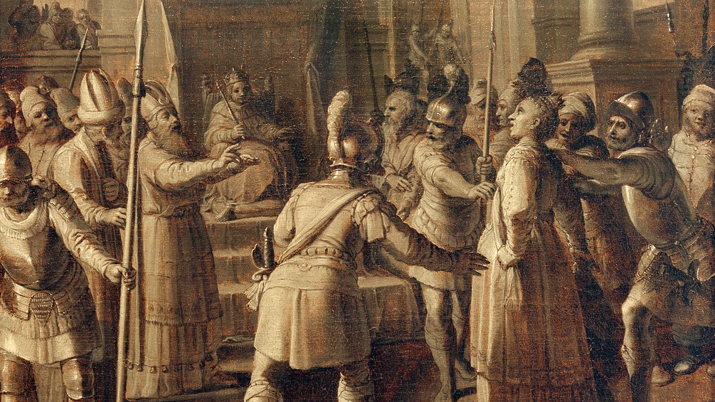 Ausschnitt des Gemäldes "Athalia wird von Jojada aus dem Tempel vertrieben"