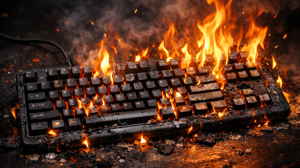 KI-generiertes Bild zum Thema Rage Bait: brennende Tastatur