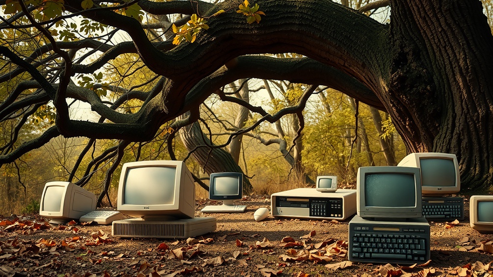 DALL-E KI-generiertes Bild: Ein alter Baum mit Wurzeln und altem Computer(zubehör), Computer-Wald