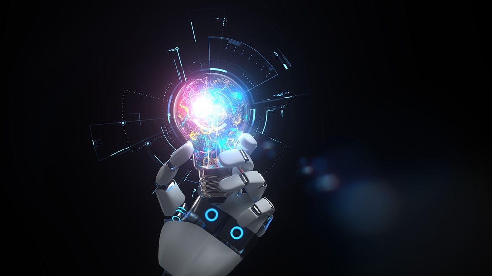 Künstliche Intelligenz, Roboterhand mit Glühbirne