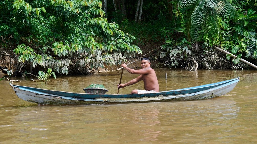 Ein Mann in einem Boot im Regenwald von Brasilien