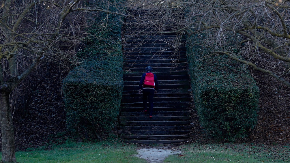 Frau steigt Stiegen in düsterem Park