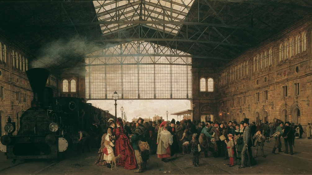 Gemälde von Karl Karger; Ankunft eines Zuges am Nordwestbahnhof in Wien