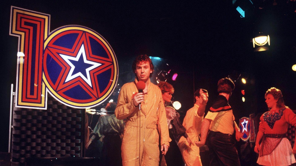 Udo Huber moderiert die Hitparaden-Show "Die großen Zehn", 1982