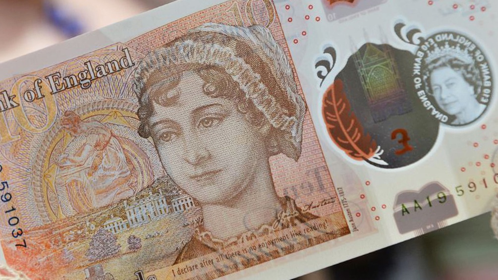 10 Britische Pfund auf denen Jane Austen abgebildet ist