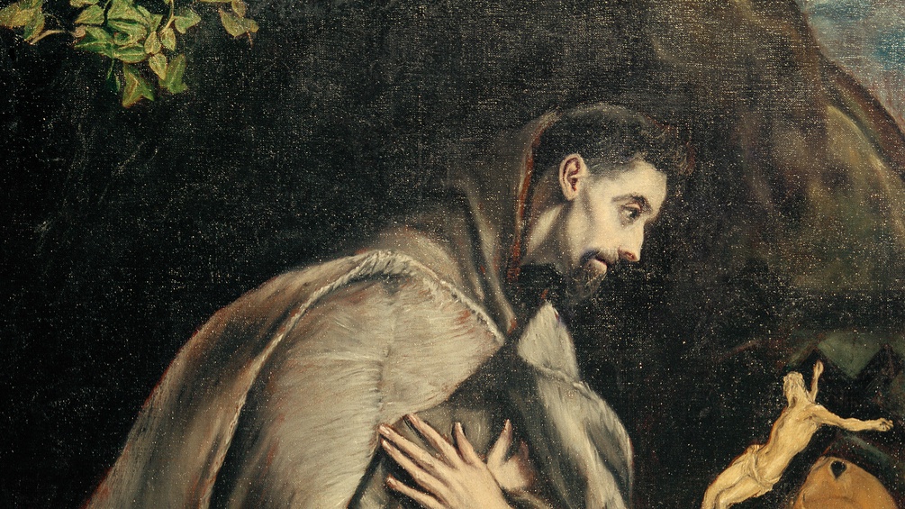 “Heiliger Franziskus im Gebet”, um 1587/96 .(Franz von Assisi, eigentl. Giovanni Bernadone; Heiliger und Ordensstifter; Assisi 1181/82 – ebd. 3.10.1226) Öl auf Leinwand (Ausschnitt)
