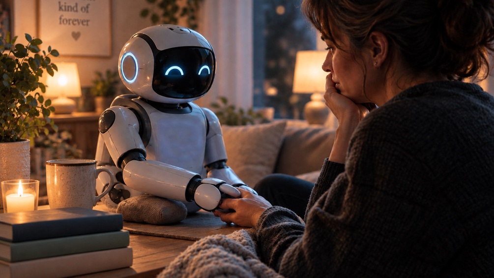 KI-generiertes Bild: Ein kleiner Roboter tröstet eine Frau