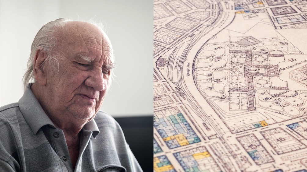 Bildcollage: Porträt eines alten Mannes und Blick auf einen Stadtplan