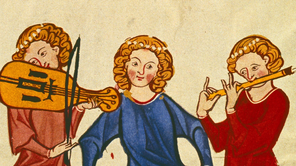 Buchmalerei, Zürich um 1310-1340 .Der Lied- und Spruchdichter Kanzler zwischen einem Flötenspieler und einem Fiedler (Ausschnitt der Abbildung)