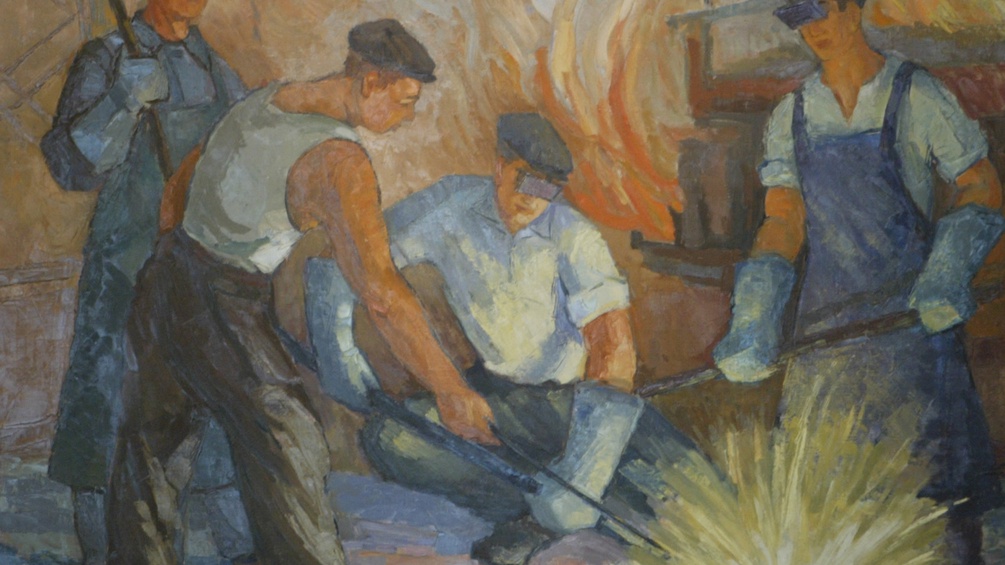 Ein Gemälde von Metall Arbeitern.