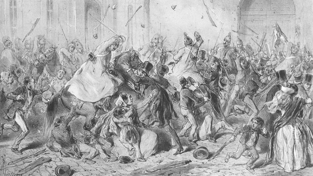 Erster Angriff der Kavallerie vor dem Bürgerlichen Zeughaus am Hof in Wien 1848, Lithografie von August von Pettenkofen.