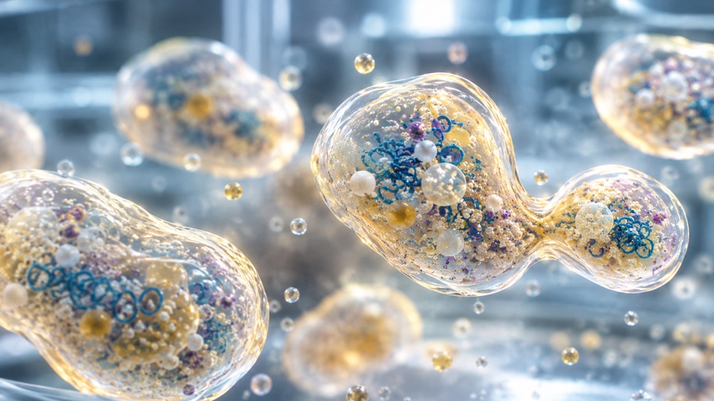Leuchtende Protozellen im Laborfluid, KI-generiert