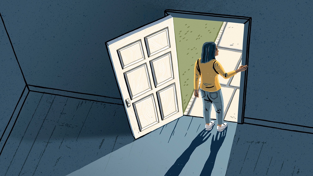 Zeichnung einer Person, die bei einer offenen Türe hinaus schaut, Schattenhände