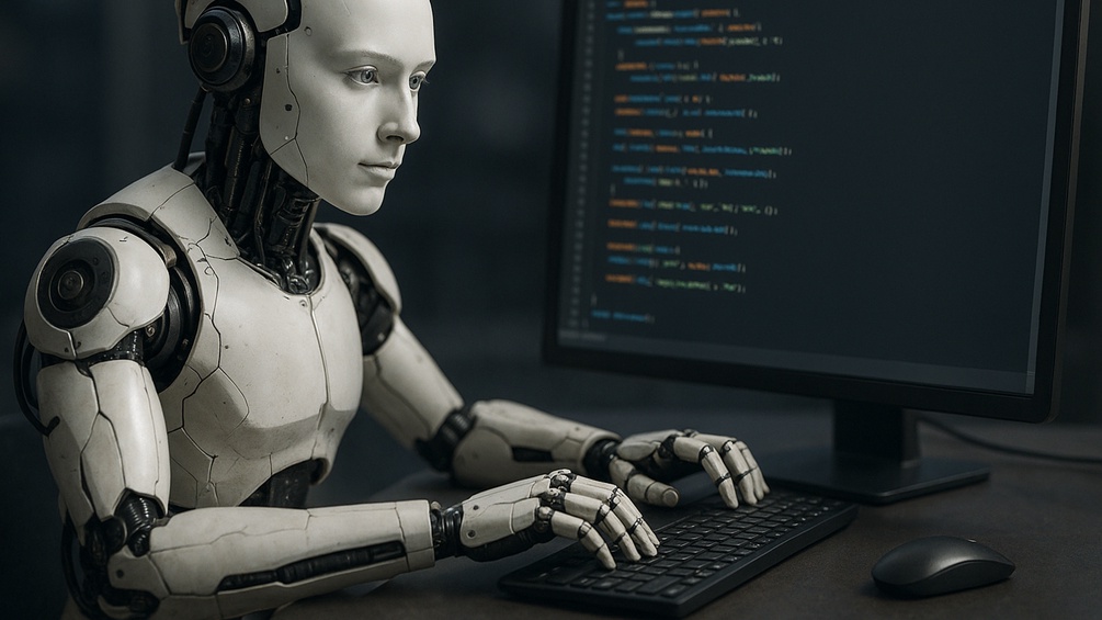 KI-generiertes Bild zum Thema: KI programmiert - Roboter sitzt vor einer Tastatur