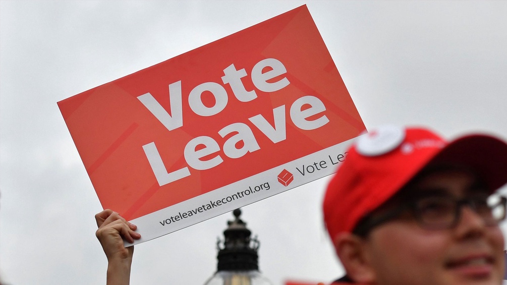 Pro-Brexit-Demo in Großbritannien. Eine Hand hält ein Schild mit der Aufschrift "Vote Leave".